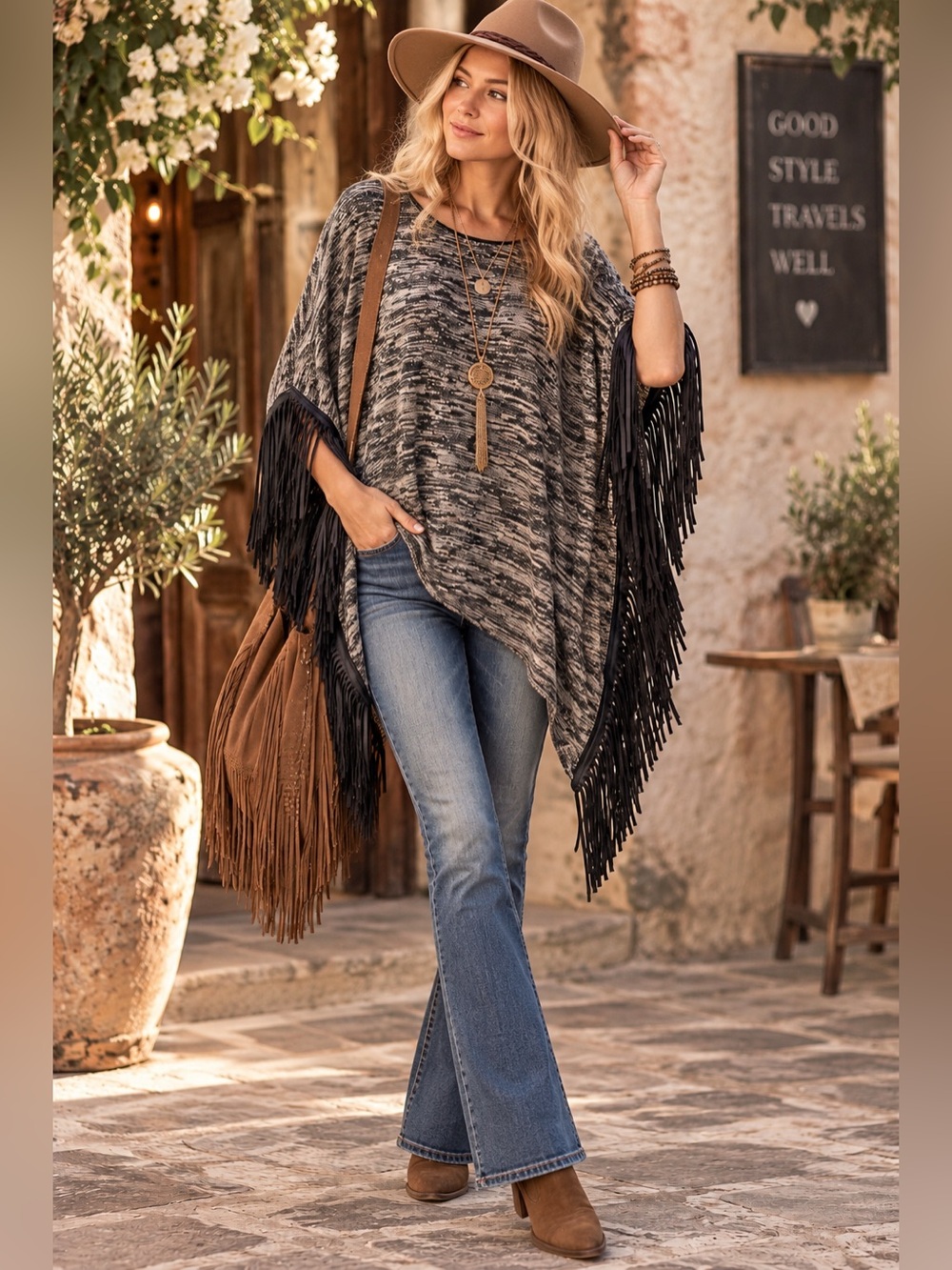 Fringed Knit Poncho Sweater - Grey with Black Fringes
